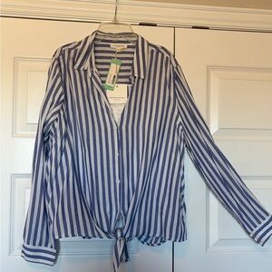 beachlunchlounge Navy and White Striped Tie Front Button-Down Shirt